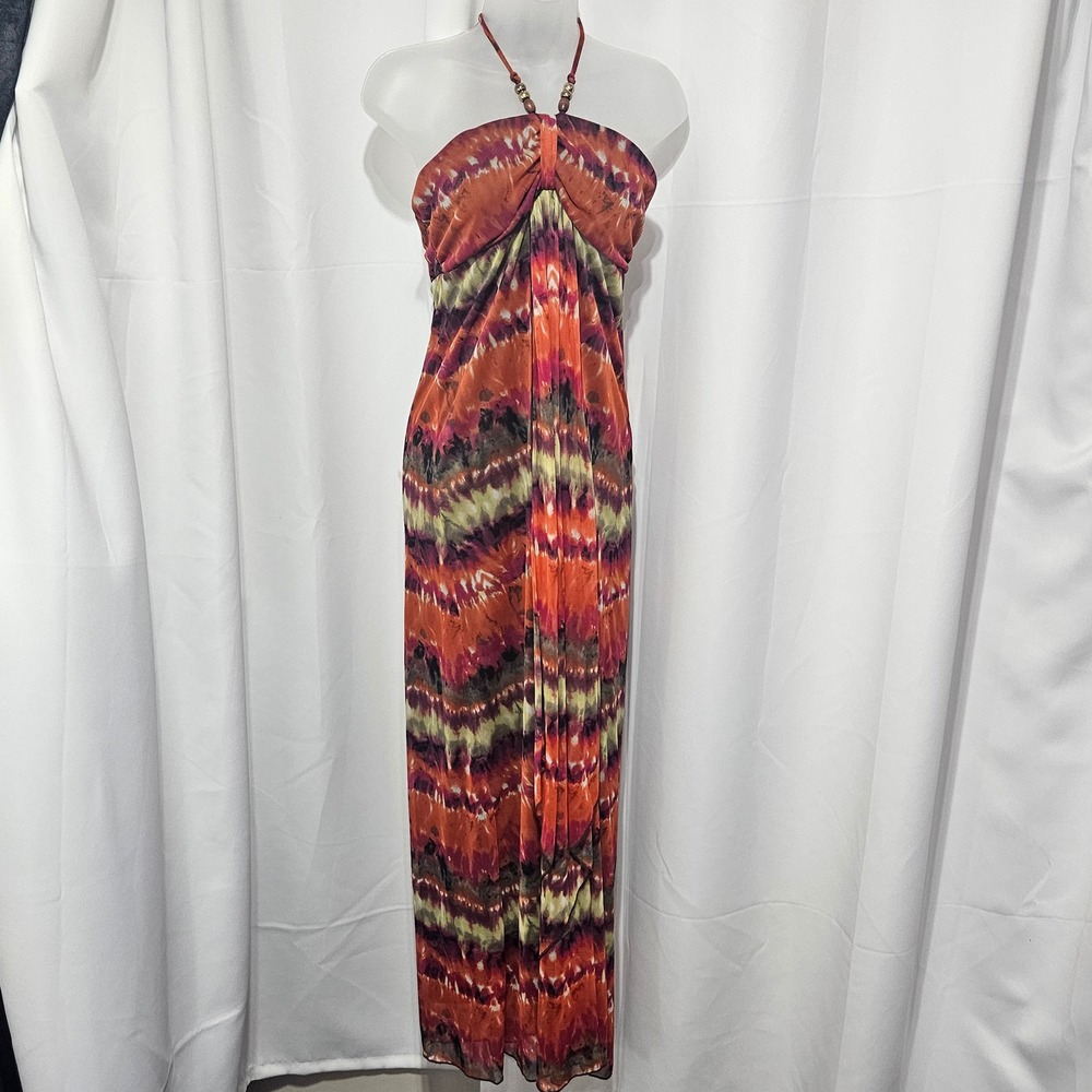 Ruby Rox Orange Tie Dye Halter Maxi Dress sz Large boho Hippie vacation   Y2k